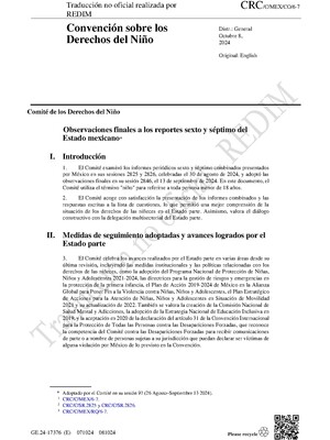Comité de los Derechos del Niño Observaciones finales a los reportes sexto y séptimo del Estado