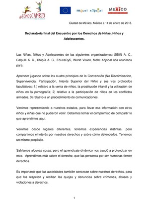 Declaratoria final del encuentro nacional por los derechos de niñas, niños y adolescentes 2018