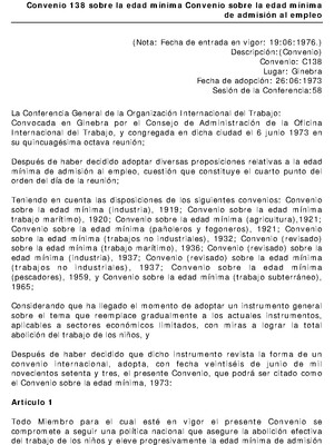 Convenio 138 sobre la edad mínima Convenio sobre la edad mínima de admisión al empleo